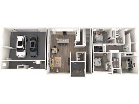 A series of three images showing different layouts of a small apartment.